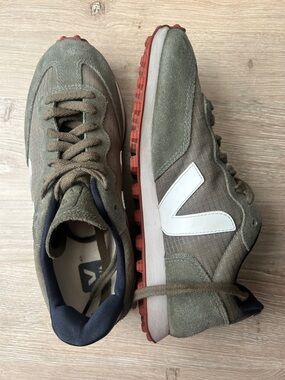 Veja Olive Green Sneakers with White V and Red Outsole